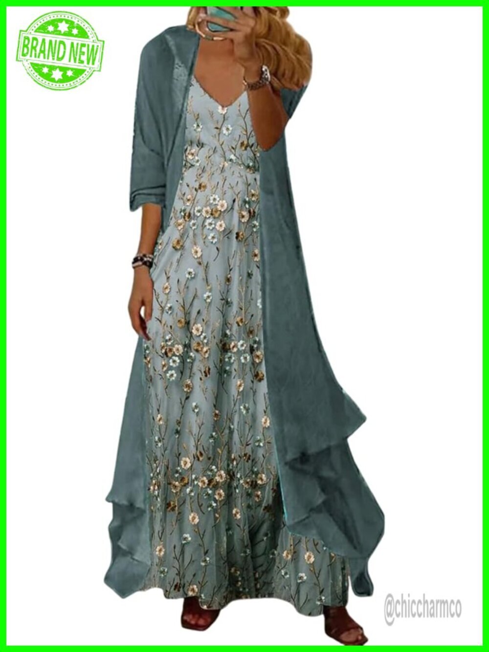 2 Piece Maxi Dress Set with Sheer Cardigan Sleeveless Floral
